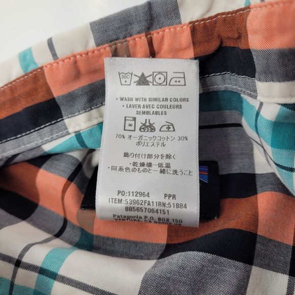 Patagonia Men's Large White Green Orange Black Plaid Button Up Cotton Polyester - Picture 5 of 5